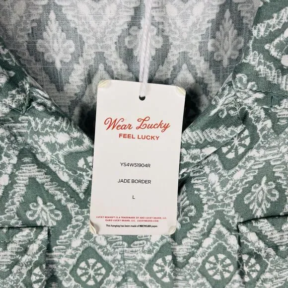 Lucky Brand Women's Midi Dress Large Green Print Button Front Short Sleeve Flowy - Picture 5 of 9